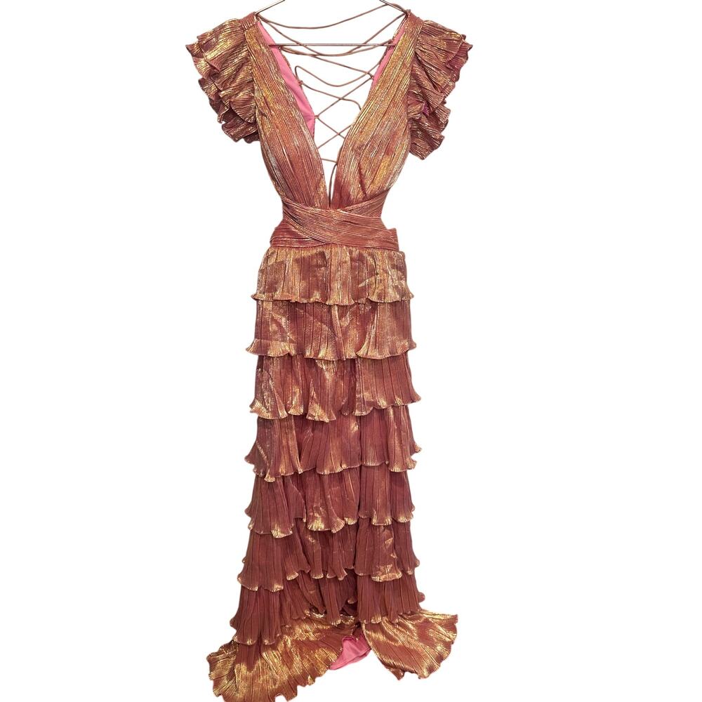 MAC DUGGAL Coral Pink Gold Ruffle Tiered Criss Cross Lace Up Back Gown Dress 2 - Picture 11 of 16